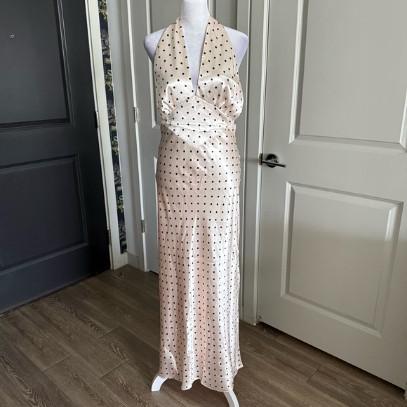 NWT Bardot Ivory Satin Midi Halter Dress with Black Polka Dots Size 6